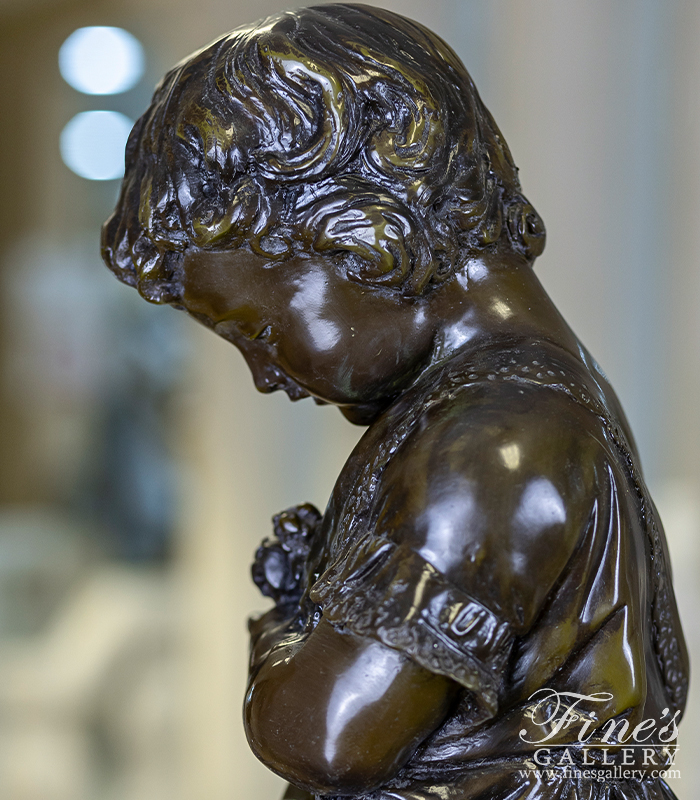 Bronze Statues  - A Child With Flowers In Museum Quality Vintage Bronze - BS-1581